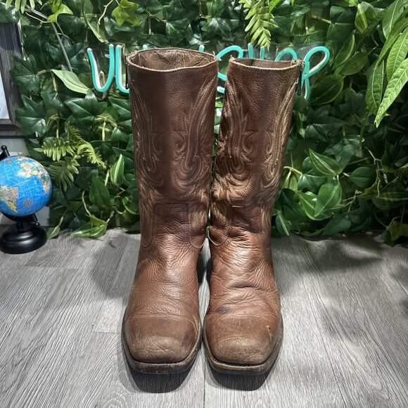 Frye Heath Outside Zip Brown Distressed  Leather Boot Men Size 10 D Angel Wings